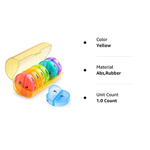 a pill box with different colors with text: 'Color Yellow Material Abs, Rubber Unit Count 1.0 Count'