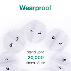 a group of plastic containers with a moon and sun symbols with text: 'Wearproof stand up to 20,000 times of use C'