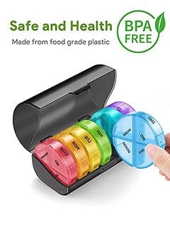 a plastic container with different colors of the same color with text: 'Safe and Health BPA Made from food grade plastic FREE THU MORN WED NOON BED TUE MON EVE MORN SUN'