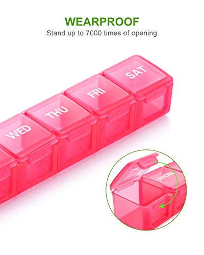 a plastic container with a lid with text: 'WEARPROOF Stand up to 7000 times of opening WED THU SAT MON'