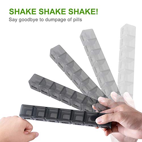 a hand holding a plastic container with text: 'SHAKE SHAKE SHAKE! Say goodbye to dumpage of pills'