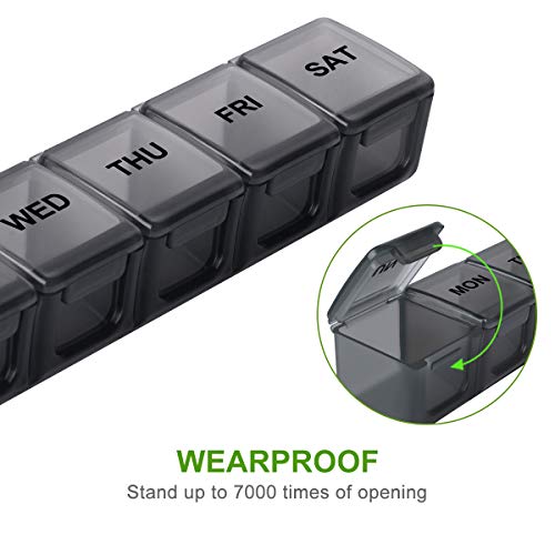 a plastic container with black text with text: 'WED THU FRI SAT WEARPROOF MON Stand up to 7000 times of opening'