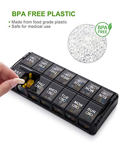 a pill organizer with a hand holding a pill with text: 'BPA FREE BPA FREE PLASTIC Made from food grade plastic Safe for medical use NOW SAT FRI THU WED TUE SUN SAT THU WED TUE MON SUN'