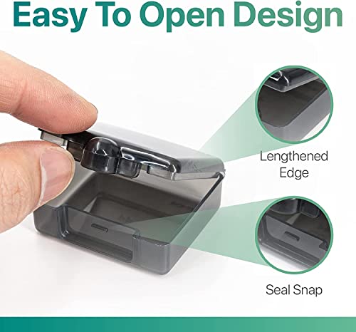 a hand holding a plastic container with text: 'Easy To Open Design Lengthened Edge Seal Snap'