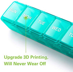 a plastic pill box with a green label with text: 'SUN MON TUE WED Upgrade 3D Printing, Will Never Wear Off'