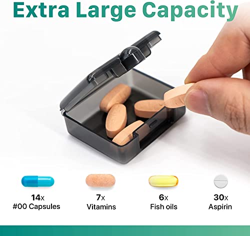 a hand holding a pill in a container with text: 'Extra Large Capacity 7x 30x #00 Capsules Vitamins Fish oils Aspirin'