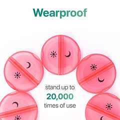 a group of round pink objects with black and white text with text: 'Wearproof stand up to 20,000 times of use'