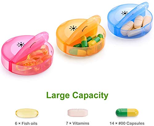 a group of pills in a pill box with text: 'Large Capacity 6 Fish oils 7 Vitamins 14 #00 Capsules'