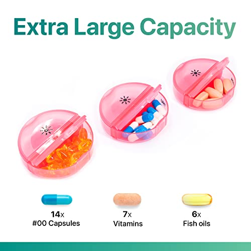 a group of pills in a container with text: 'Extra Large Capacity 14x 7x 6x #00 Capsules Vitamins Fish oils'