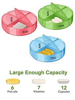 a group of pills in a pill box with text: 'NOON NOON WED SUN NOON THU Large Enough Capacity 6 7 12 Fish oils Vitamins Capsules'