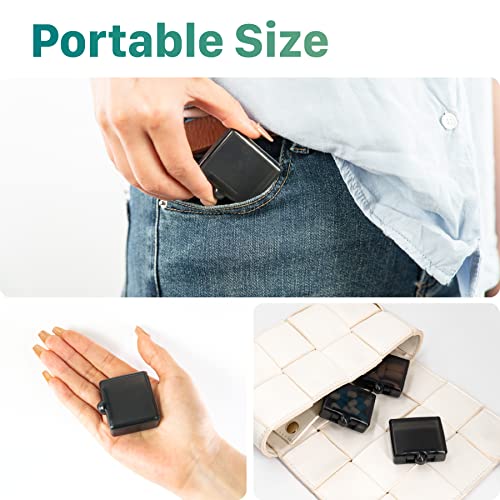 a person putting a small square object in their pocket with text: 'Portable Size'