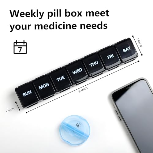 a pill box with a pill case and a phone with text: 'Weekly pill box meet your medicine needs + 7 SUN MON TUE WED THU FRI SAT ---'