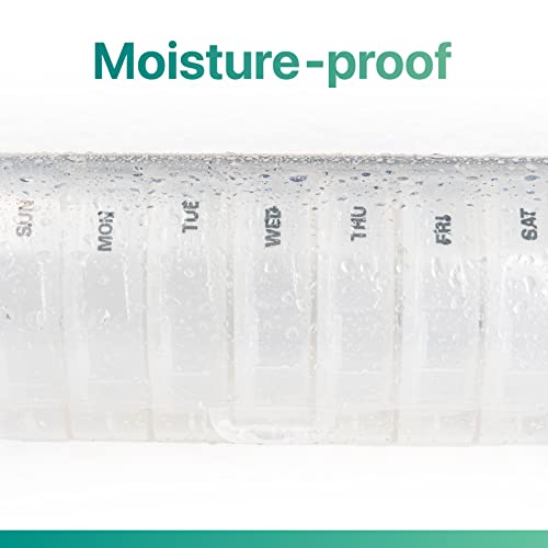 a plastic container with water drops on it with text: 'Moisture-proof S NOW WED THU SAT'