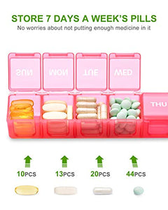 a pill box with different pills with text: 'STORE 7 DAYS A WEEK'S PILLS No worries about not putting enough medicine in it MED THU 10PCS 13PCS 20PCS 44PCS'