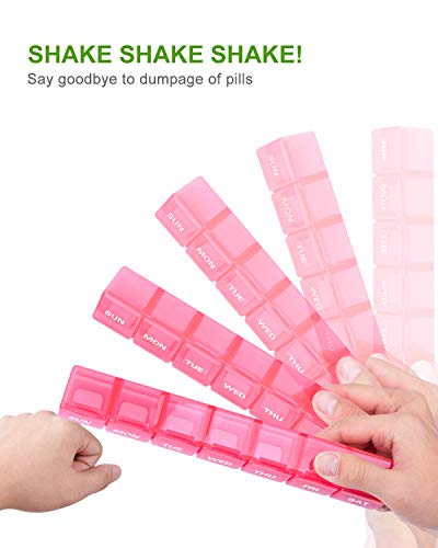 a hand holding a pill container with text: 'SUN MON SHAKE SHAKE SHAKE! Say goodbye to dumpage of pills THU MON SUN'