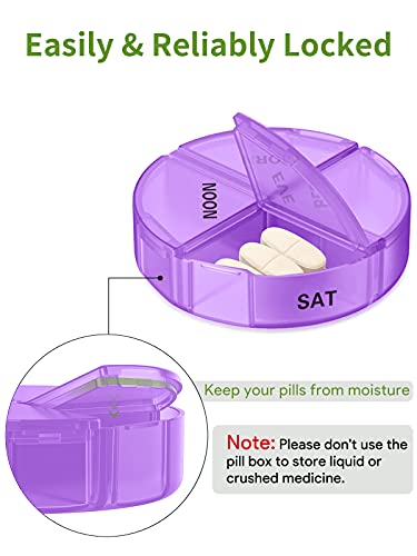 a plastic pill box with white pills in it with text: 'Easily & Reliably Locked NOON SAT Keep your pills from moisture Note: Please don't use the pill box to store liquid or crushed medicine.'