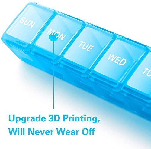 a blue pill box with white text with text: 'SUN MON TUE WED Upgrade 3D Printing, Will Never Wear Off'