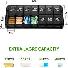 a pill organizer with different types of pills with text: '40PCS 22PCS 11PCS 12PCS EXTRA LAGRE CAPACITY 1.1in 1.2in 1.6in CAM SAT FRI THU 3.7in SAT FRI THU WED TUE MON SUN PM PM PM) PM 8.4in'