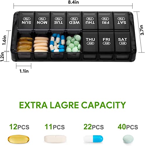 a pill organizer with different types of pills with text: '40PCS 22PCS 11PCS 12PCS EXTRA LAGRE CAPACITY 1.1in 1.2in 1.6in CAM SAT FRI THU 3.7in SAT FRI THU WED TUE MON SUN PM PM PM) PM 8.4in'