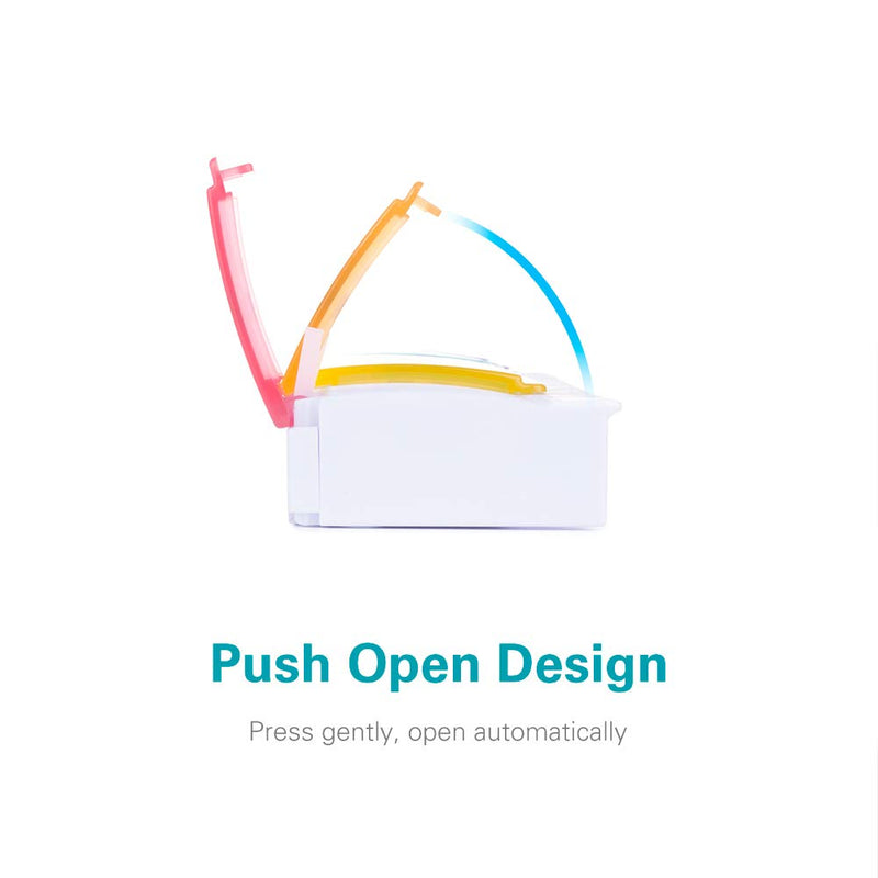 a white box with colorful plastic tubes with text: 'Push Open Design Press gently, open automatically'