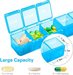 a blue pill organizer with different pills in it with text: 'WED 1.3in SAT 1.1in Large Capacity 13 Fish oils 12 Vitamins 21 #00 Capsules'