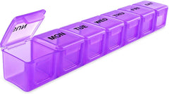 a purple plastic container with black text with text: 'MON TUE WED THU FRI SAT'