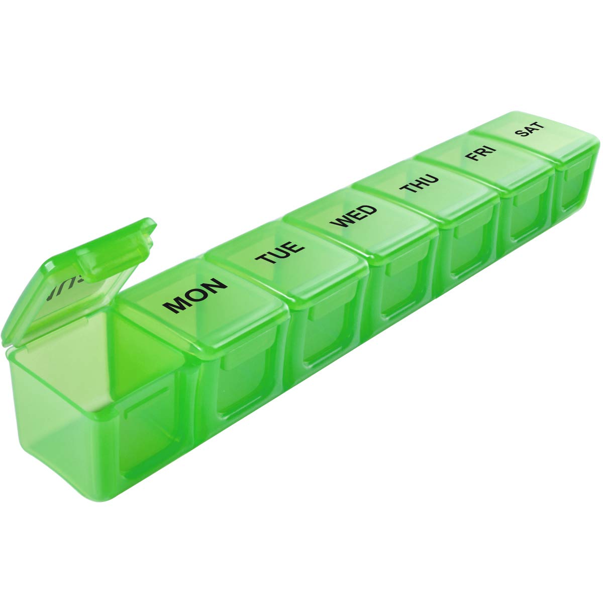 a green plastic pill box with text: 'MON TUE WED THU FRI SAT'