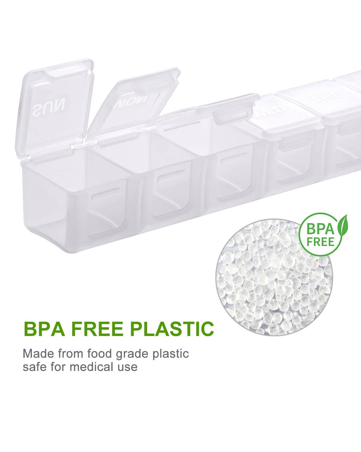 a plastic container with a lid open with text: 'BPA FREE BPA FREE PLASTIC Made from food grade plastic safe for medical use'