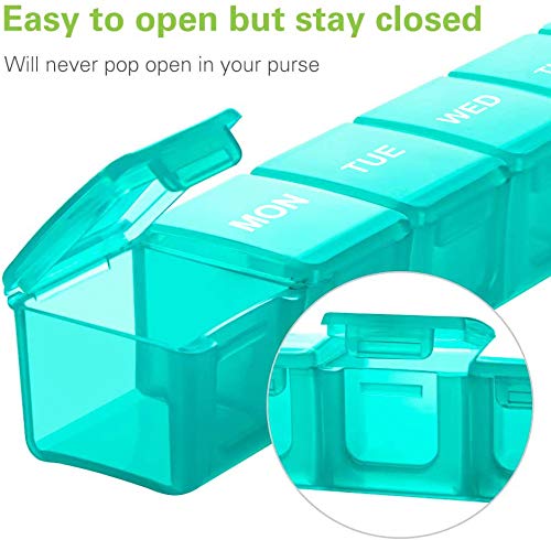 a plastic pill box with a lid open with text: 'Easy to open but stay closed Will never pop open in your purse MON TUE WED'