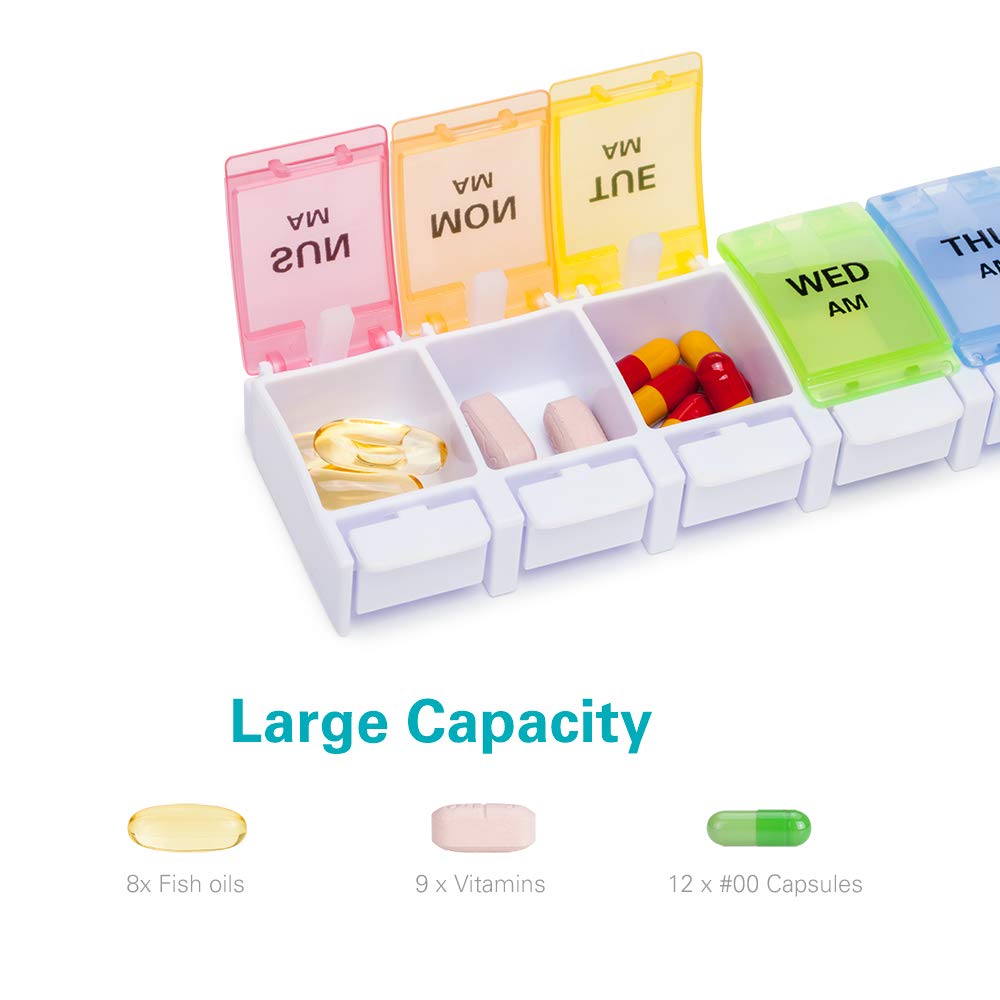 a plastic pill organizer with different colored pills with text: 'MA MA MA ИОм WED THI A AM Large Capacity 8x Fish oils 9 Vitamins 12 #00 Capsules'