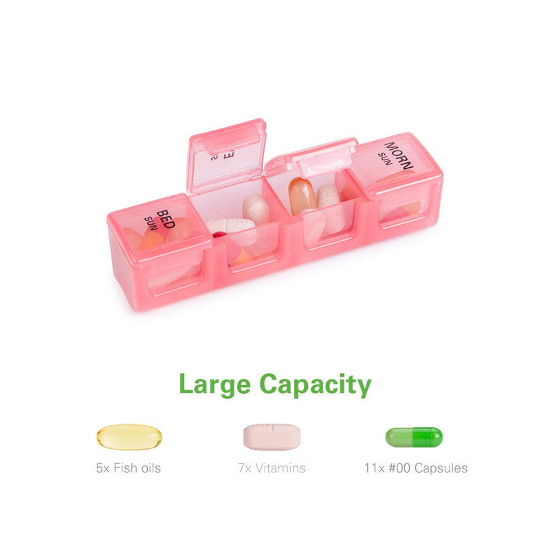 a pink pill box with different types of pills with text: 'MORN SUN SUN Large Capacity 5x Fish oils 7x Vitamins Capsules'