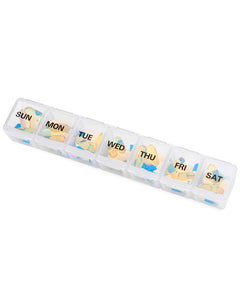 a plastic container with pills in it with text: 'SUN MON TUE WED THU FRI SAT'