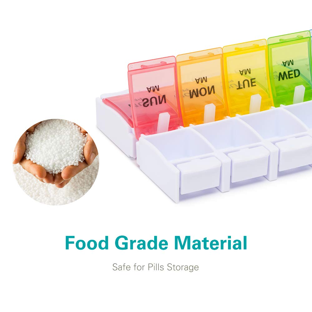 a plastic container with different colored containers with text: 'Safe for Pills Storage Food Grade Material иОм MED MA MA MA MA'