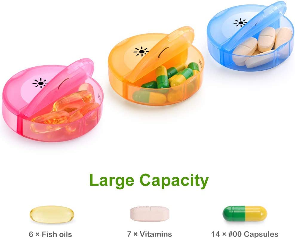 a group of pills in a plastic container with text: 'Large Capacity 6 Fish oils 7 Vitamins 14 #00 Capsules'