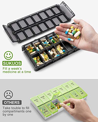 a close up of a pill organizer with text: 'SUKUOS Fill a week's medicine at a time OTHERS Take touble to fill compartments one MON by one'