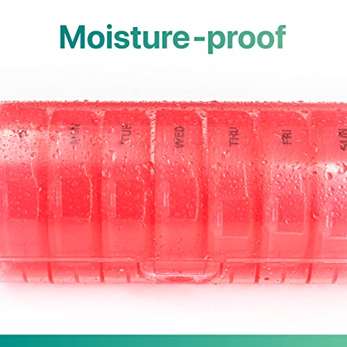 a red pill box with water drops with text: 'Moisture-proof'