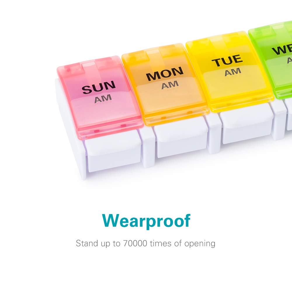 a group of plastic pill boxes with text: 'SUN MON TUE WF AM AM AM Wearproof Stand up to 70000 times of opening'