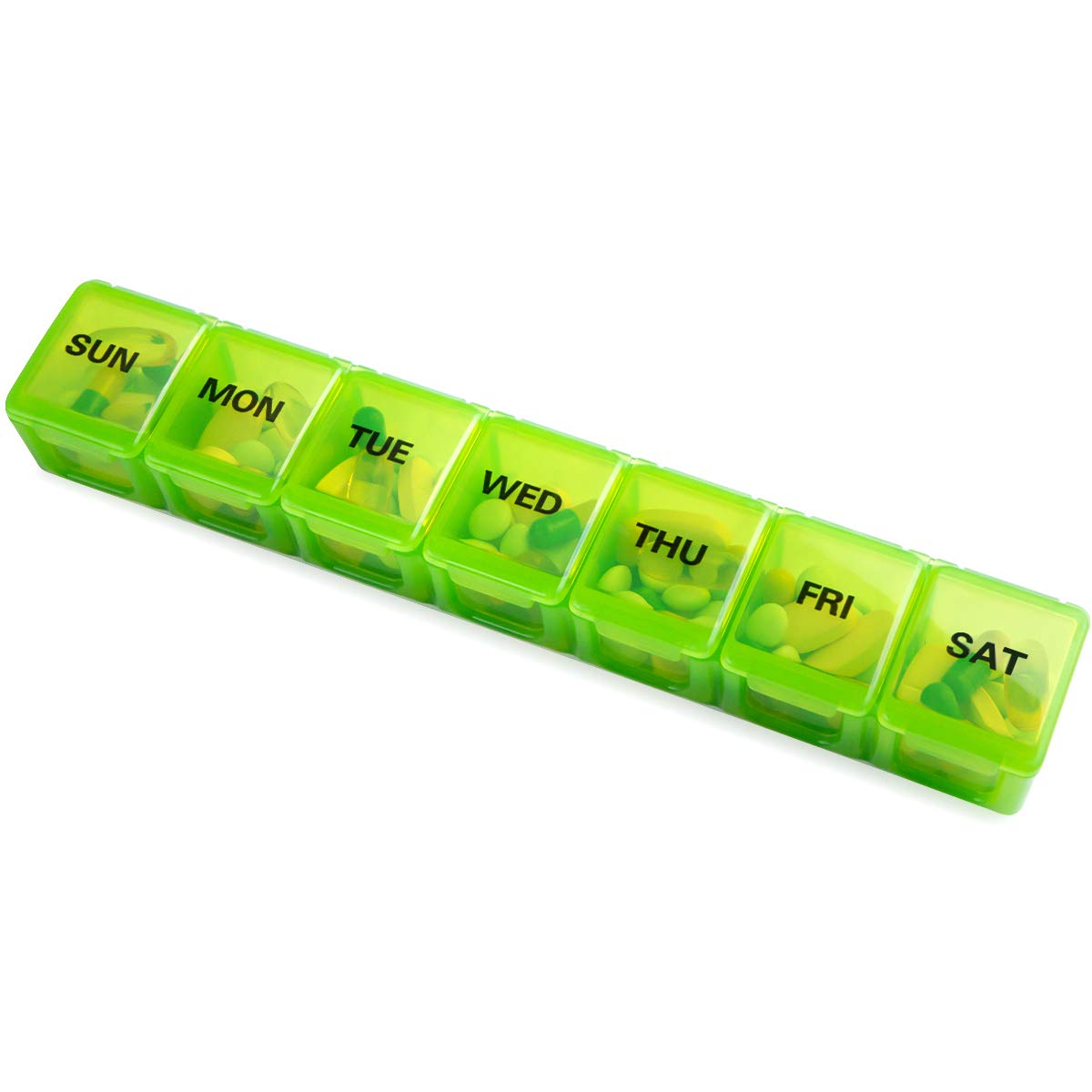 a green pill box with yellow pills with text: 'SUN MON TUE WED THU FRI SAT'