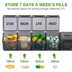 a pill organizer with different pills in it with text: 'STORE 7 DAYS A WEEK'S PILLS No worries about not putting enough medicine in it MED THU 10PCS 13PCS 22PCS 22PCS'