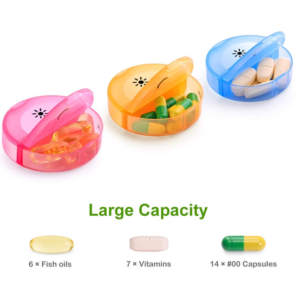 a group of pills in a plastic container with text: 'Large Capacity 6 Fish oils 7 Vitamins 14 #00 Capsules'