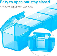 a blue plastic pill box with text: 'Easy to open but stay closed Will never pop open in your purse MON TUE WED'