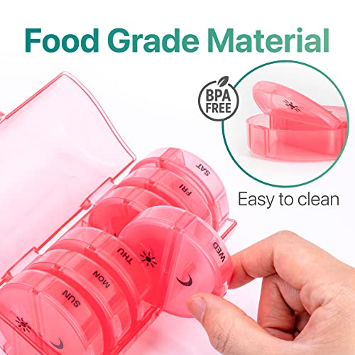 a hand holding a plastic container with text: 'Food Grade Material BPA FREE SAT Easy to clean FRI WED NOW NnS'