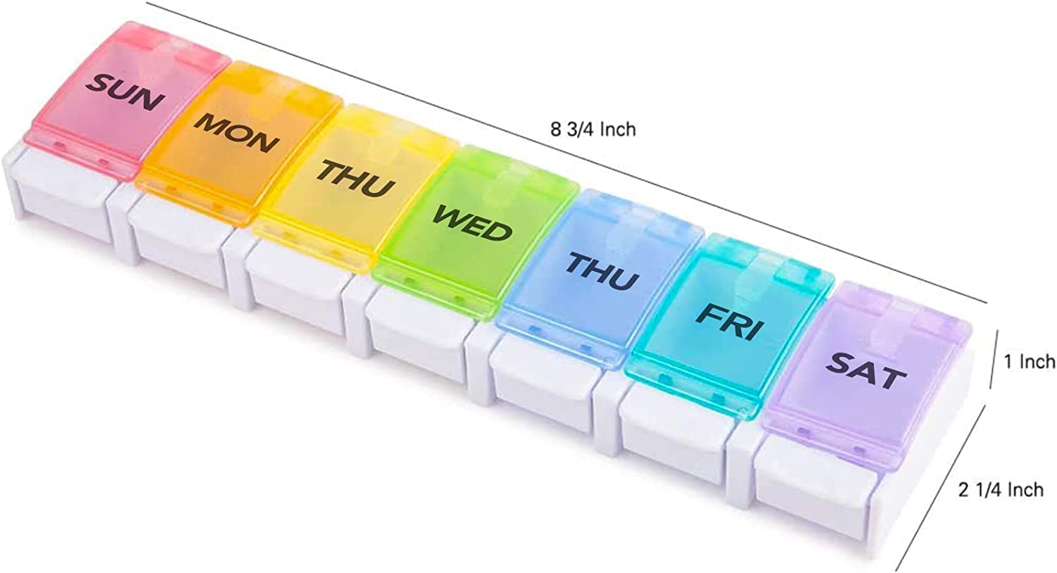 a plastic container with different colors with text: '8 3/4 Inch 1 Inch SUN MON THU WED THU FRI SAT 2 1/4 Inch'