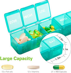 a pill organizer with different pills with text: 'WED 1.3in SAT 1.1in Large Capacity 1.3in 13 Fish oils 12 Vitamins 21 #00 Capsules'