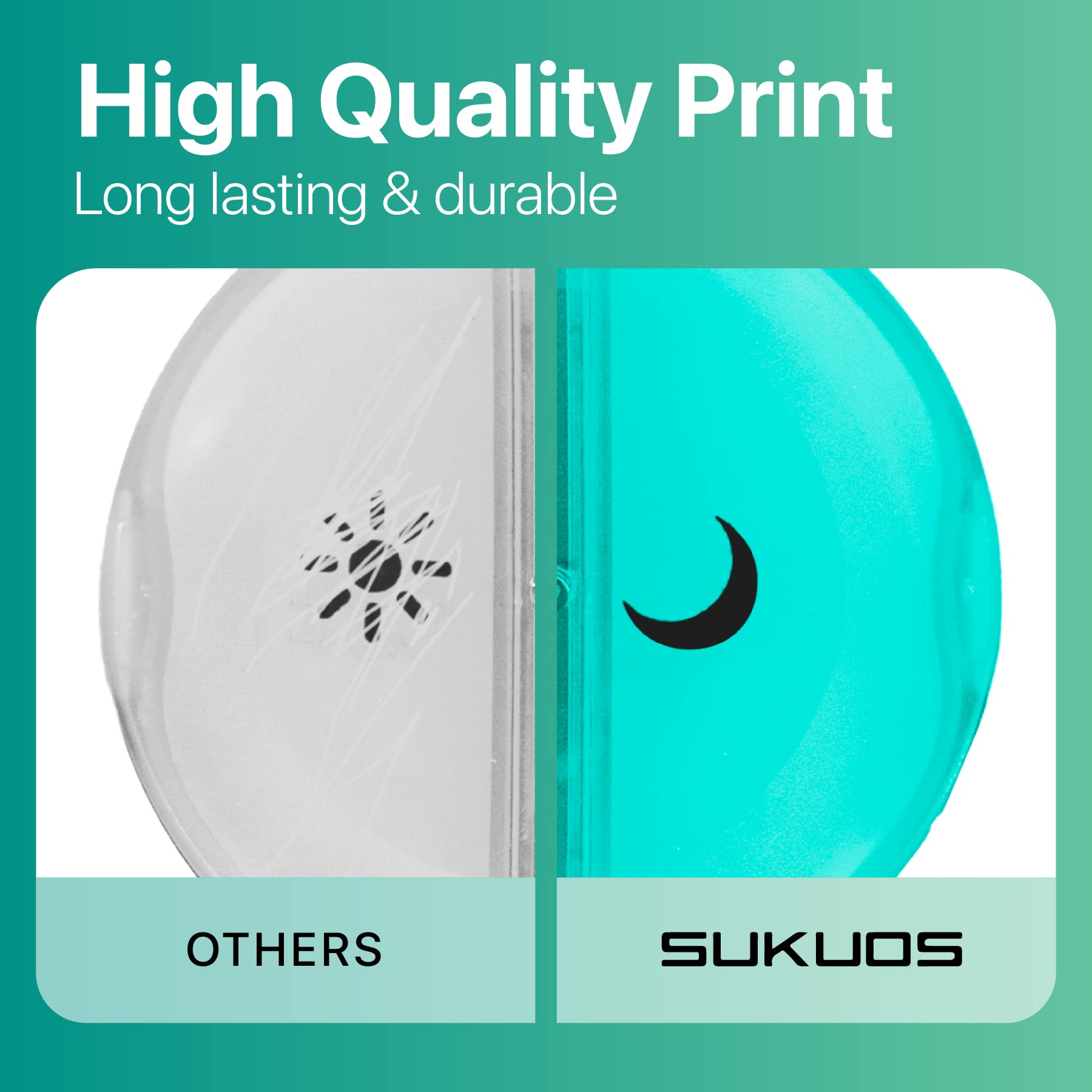 a close up of a blue and white frisbee with text: 'High Quality Print Long lasting & durable OTHERS SUKUOS'