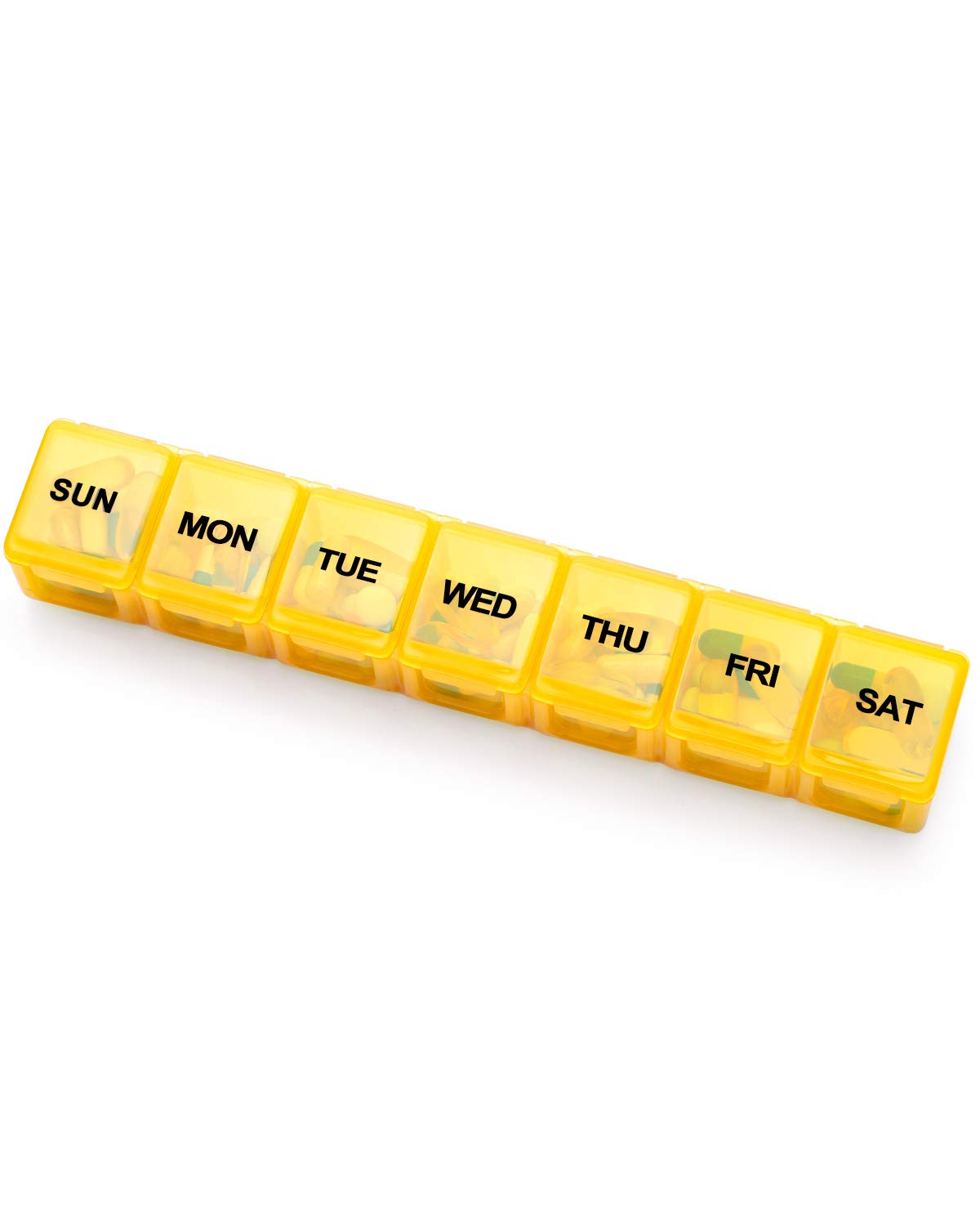 a plastic pill box with different types of objects with text: 'SUN MON TUE WED THU FRI SAT'