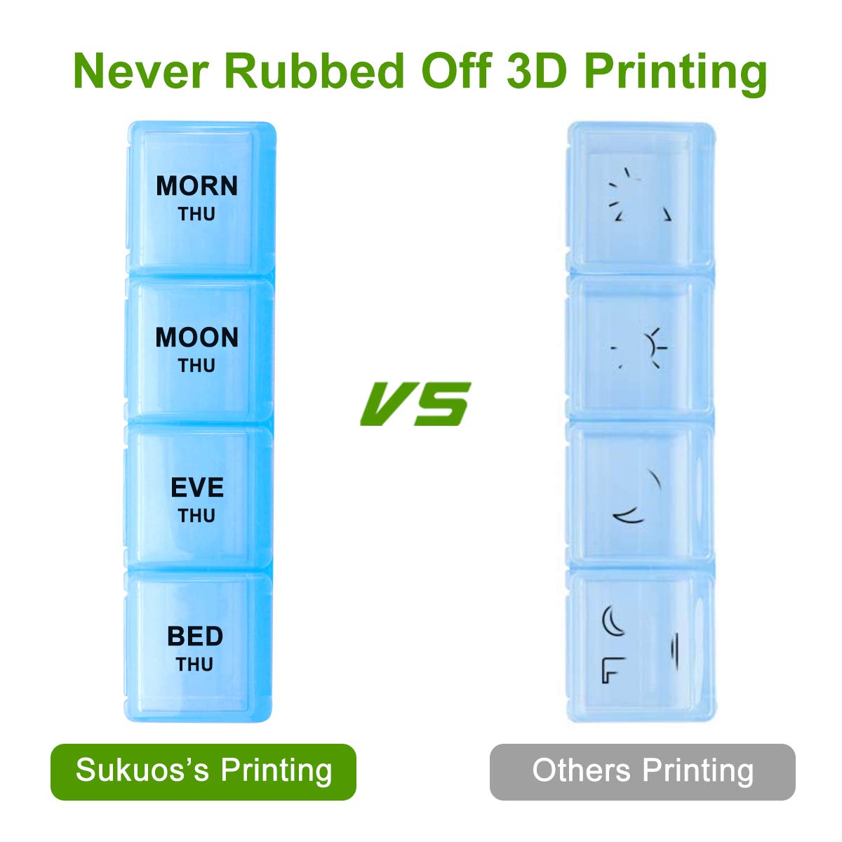 a plastic container with different types of days and numbers with text: 'Never Rubbed Off 3D Printing MORN THU 1 MOON THU VS EVE THU BED THU Sukuos's Printing Others Printing'