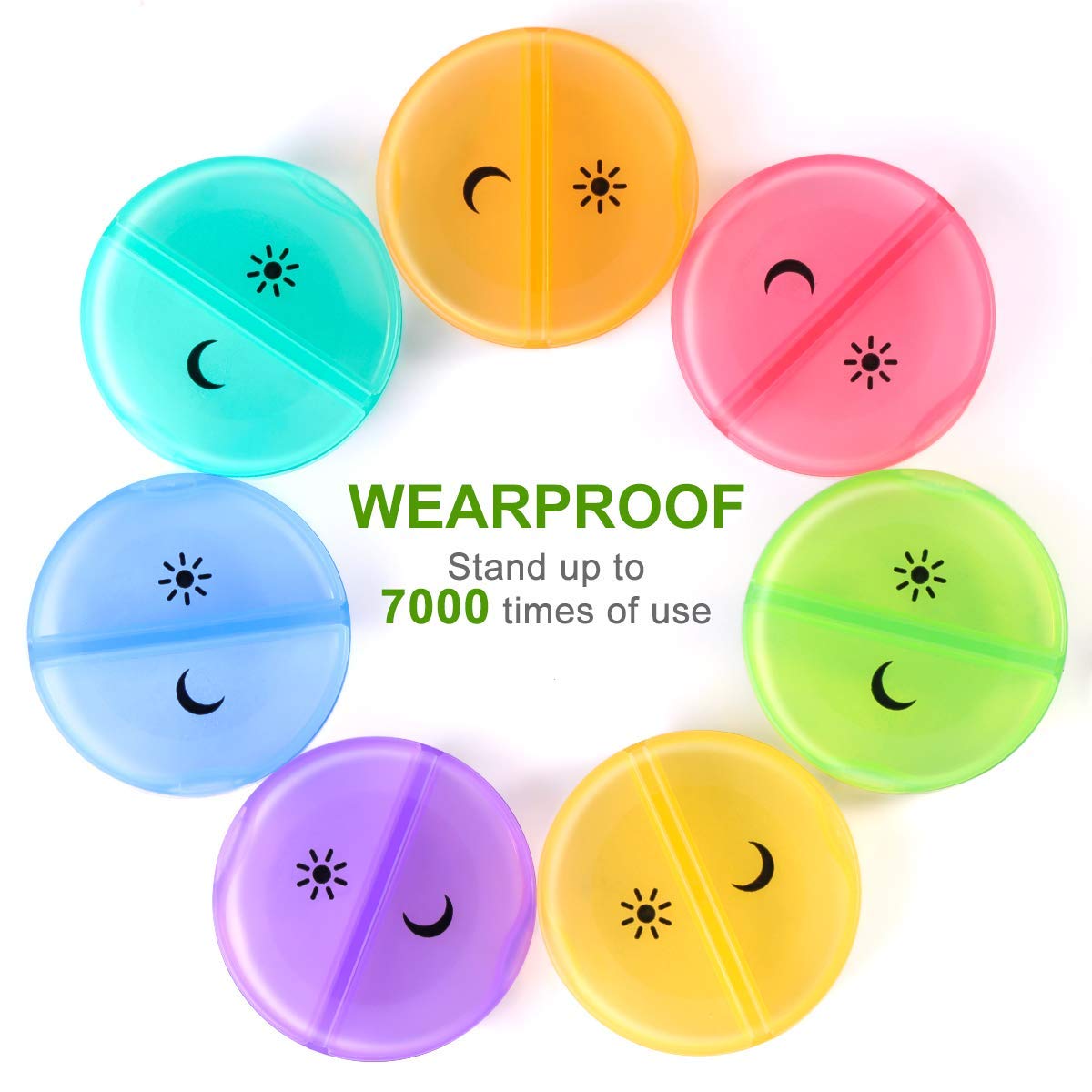 a group of colorful plastic containers with text: 'WEARPROOF Stand up to 7000 times of use'