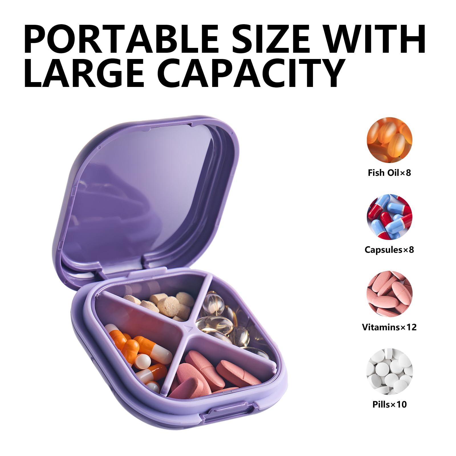 a pill box with different pills in it with text: 'PORTABLE SIZE WITH LARGE CAPACITY Fish Capsules×8 12'