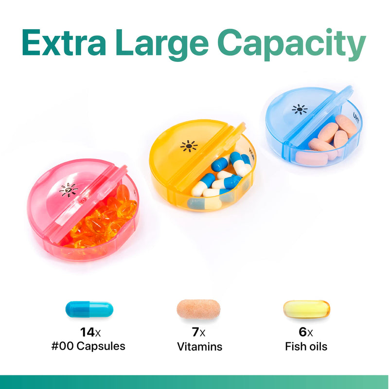 a group of pills in plastic containers with text: 'Extra Large Capacity 14x 7x 6x #00 Capsules Vitamins Fish oils'